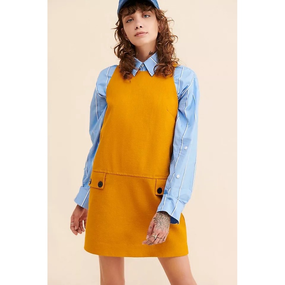 Maeve Mustard Yellow Crewneck Shift Mini Dress Sleeveless Pockets Size 4